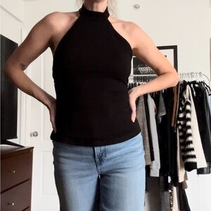 Dynamite Black Ribbed Halter Top w/ Tie Back